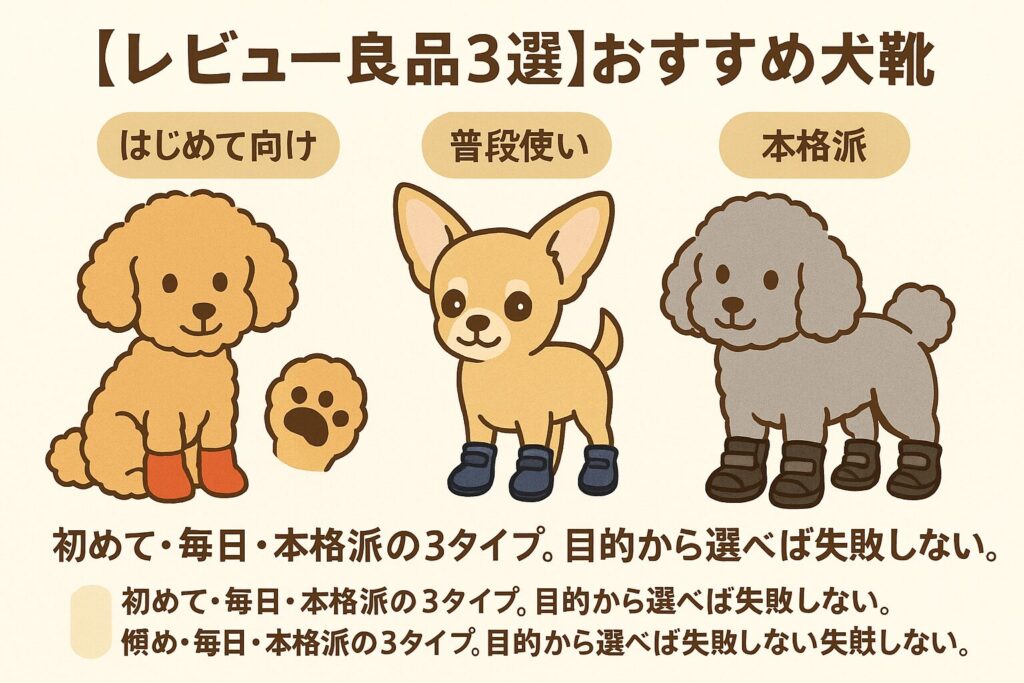 アプリコットプードル、チワワ、シルバートイプードルがそれぞれ異なる靴を履いている比較イラスト