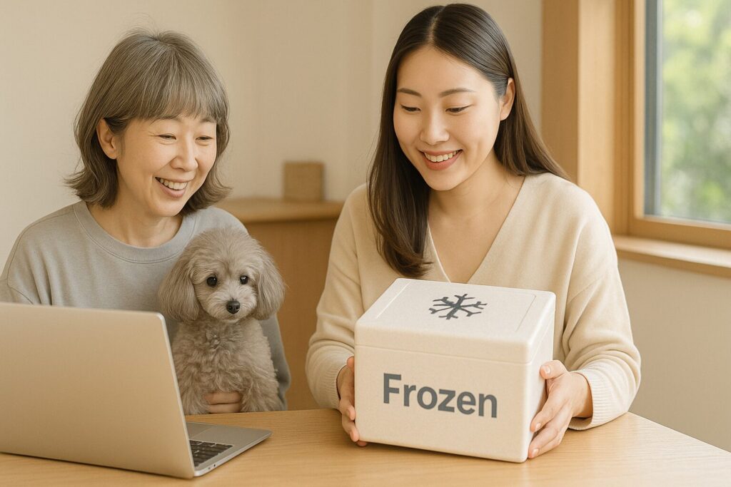 日本人女性がシルバートイプードルと一緒にノートPCで犬用ケーキを注文し、冷凍ボックスを受け取る写真