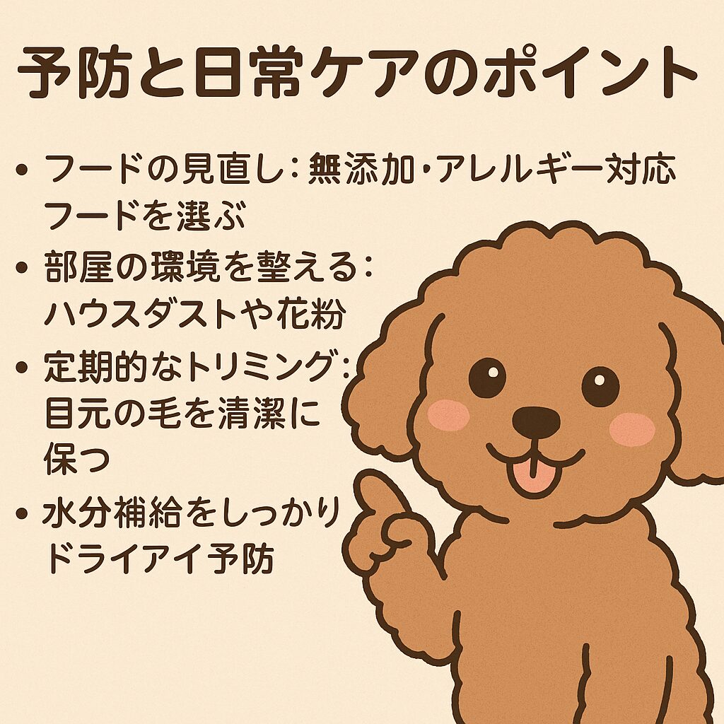 「トイプードルのイラストと一緒に、予防と日常ケアのポイントを説明する画像(フード・環境・トリミング・水分補給)」