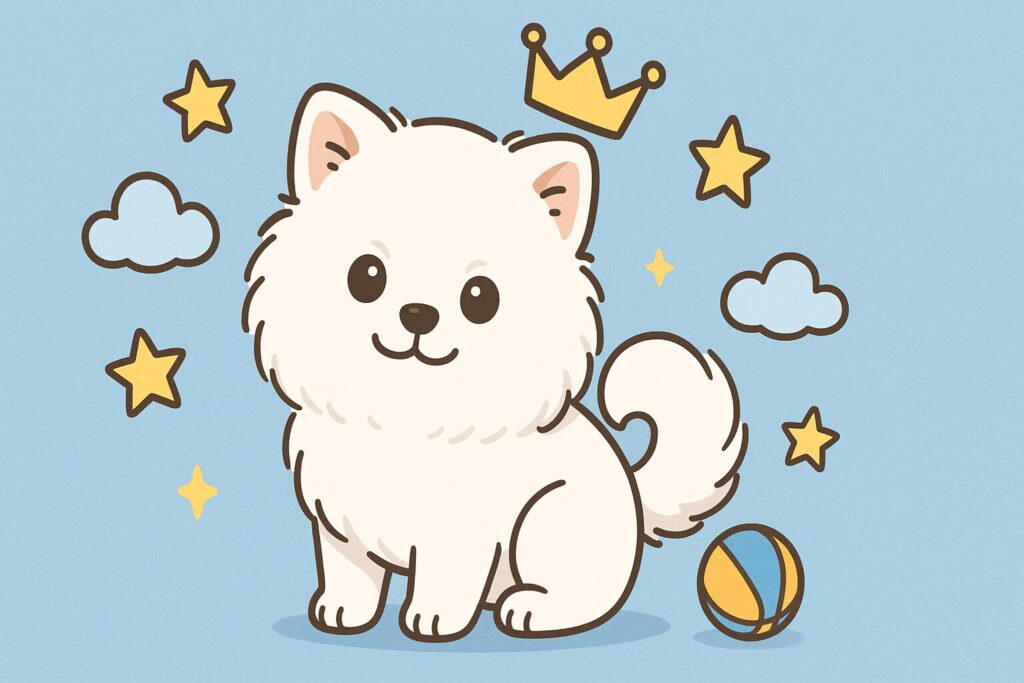 星・雲・王冠・ボールに囲まれた白ポメラニアンの男の子のイラスト