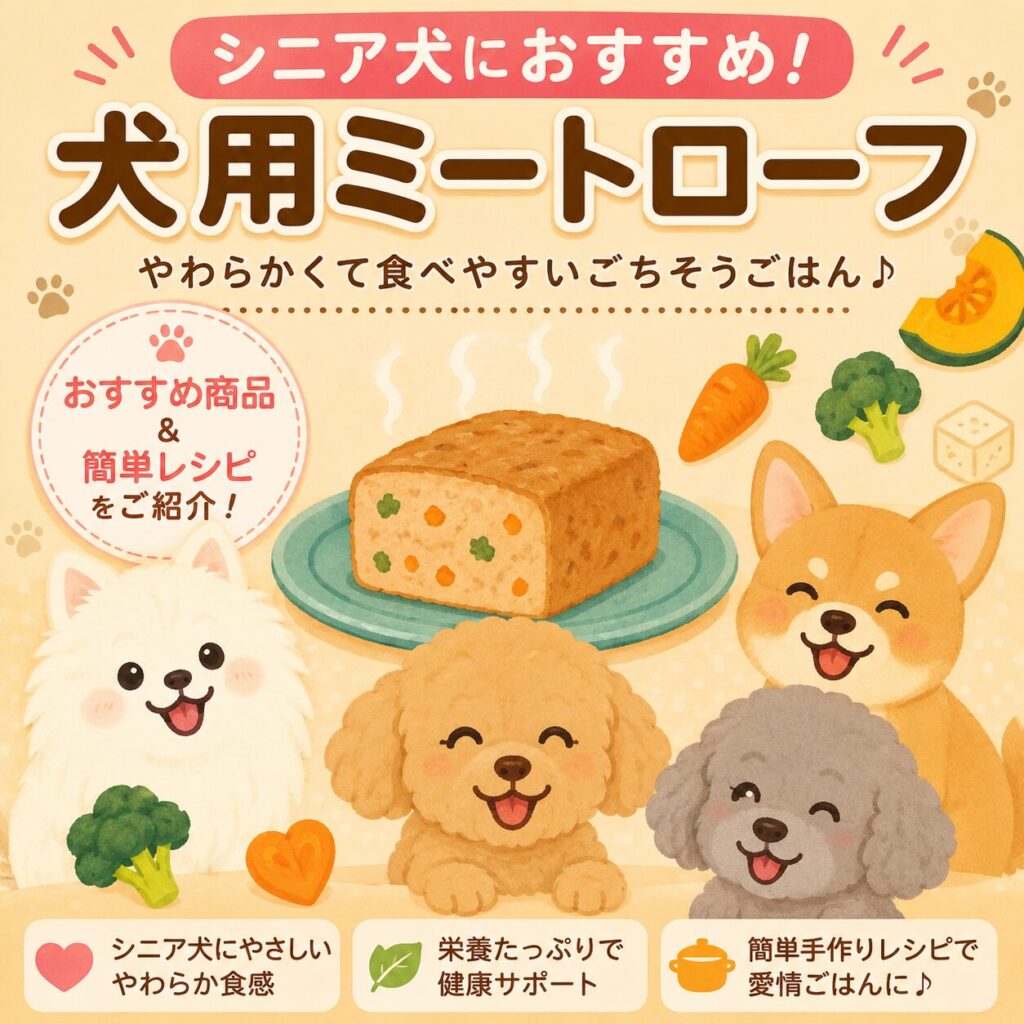 シニア犬向けの犬用ミートローフを紹介するイラスト。ミートローフと笑顔の犬たち、野菜が描かれている