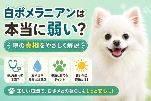 白ポメラニアンは体が弱いと言われる理由や健康管理のポイントを紹介するイラスト
