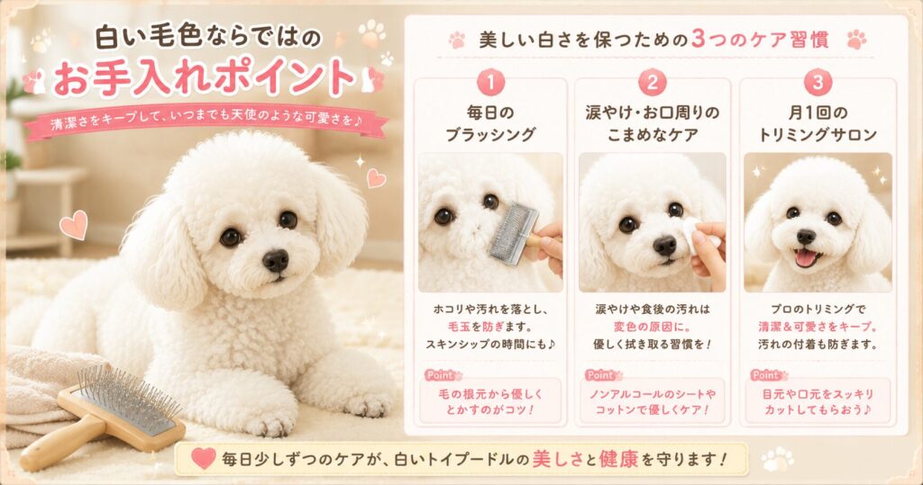 飼い主に寄り添って甘える白いトイプードル。穏やかで愛情深い性格を表現したイラスト。