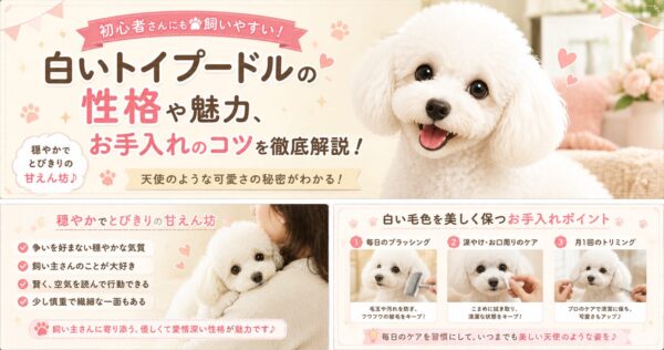 笑顔でこちらを見つめる白いトイプードル。純白の被毛と優しい表情が魅力の犬。