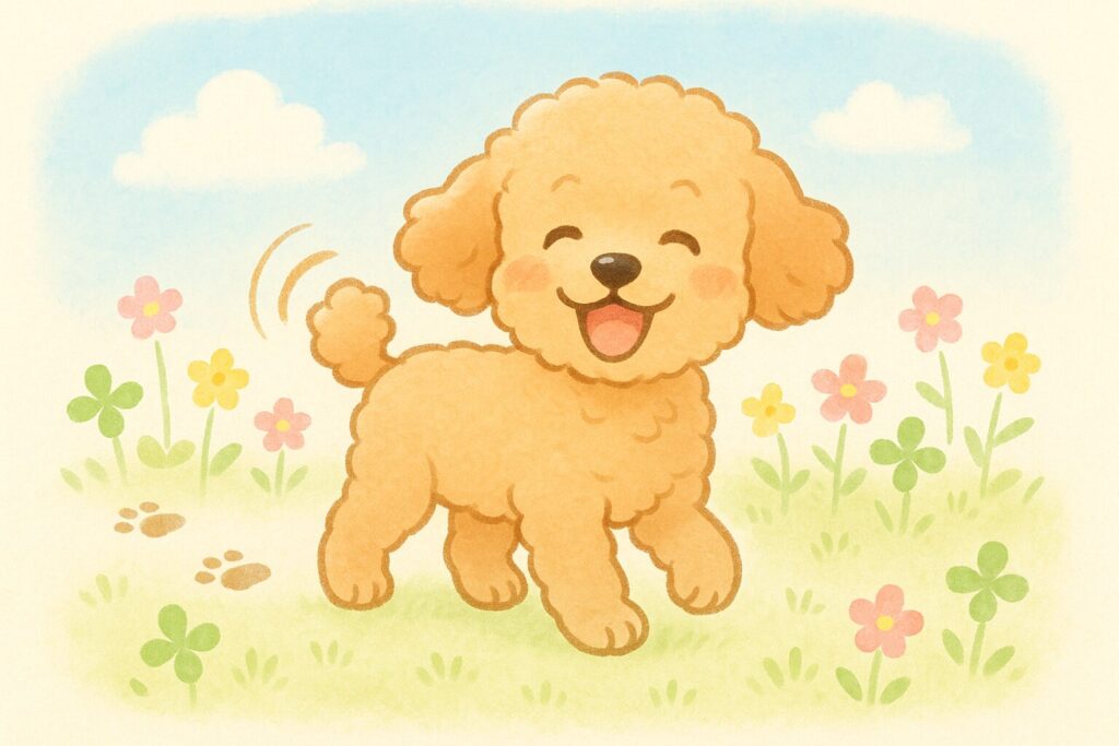 笑顔のトイプードル(アプリコット)が、花と青空の下でしっぽを振っているイラスト。健やかな成長を象徴する明るい雰囲気。