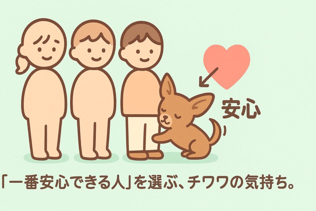 家族の中から一人を選んで寄りかかるチワワを描いた可愛い図解イラスト(ハートの矢印で“安心”を示す)