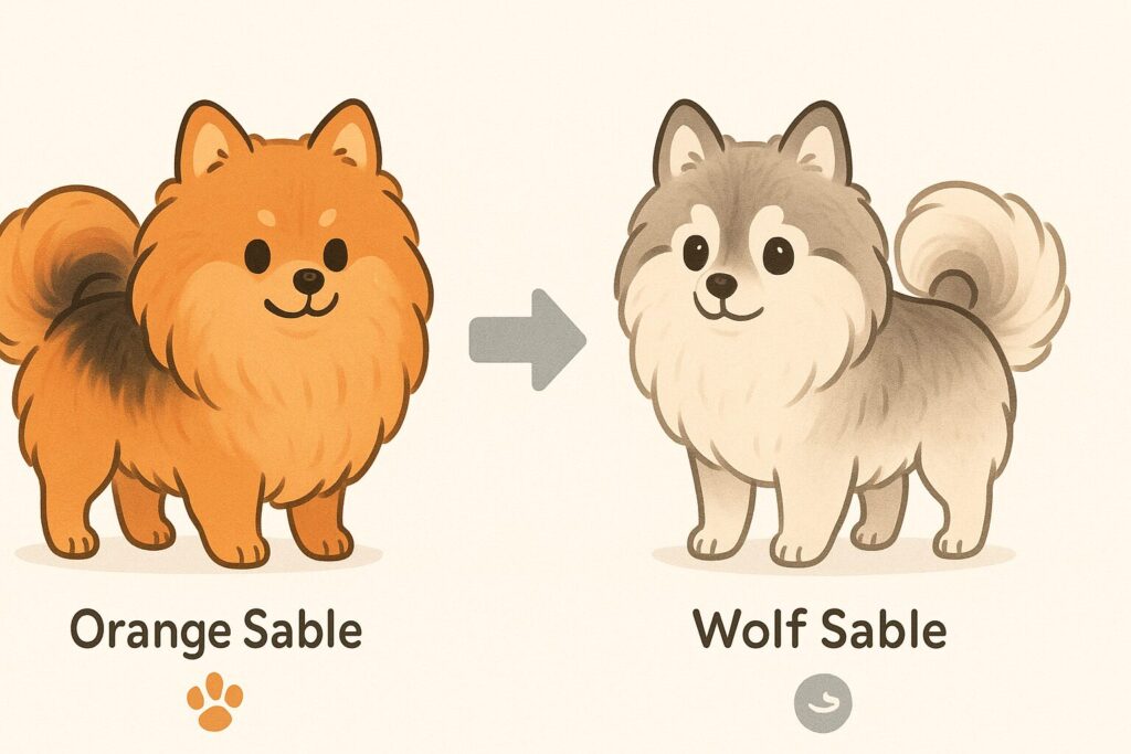 左にオレンジセーブル、右にウルフセーブルを並べた比較イラスト(毛先の黒とベース色の違い)