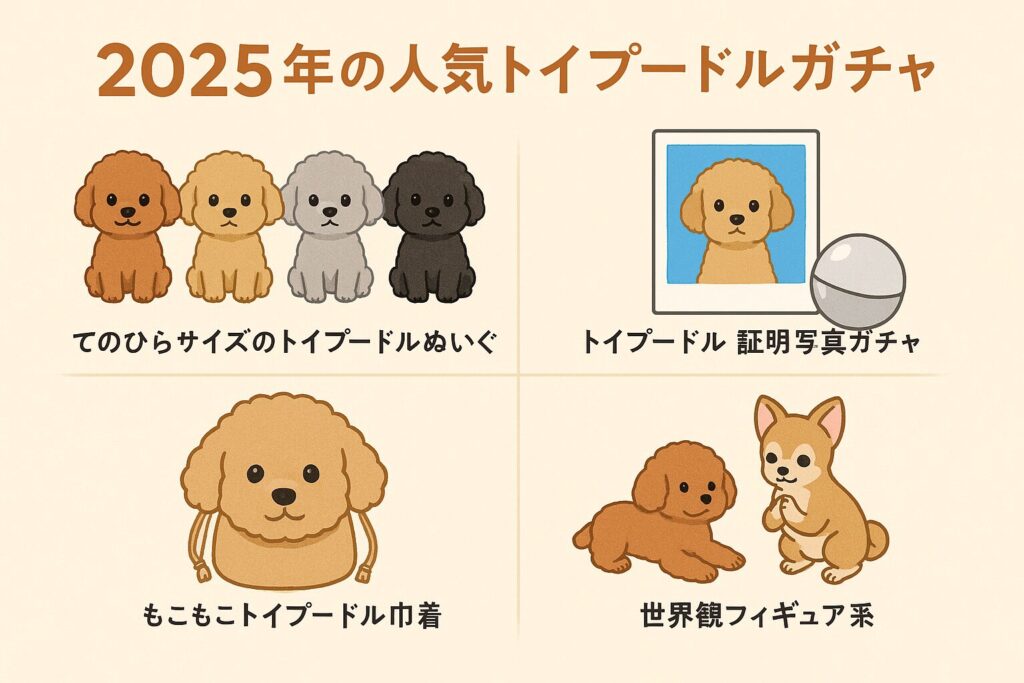 トイプードルの手のひらぬいぐるみ、証明写真ガチャ、もこもこ巾着、世界観フィギュアをまとめた可愛いイラスト。