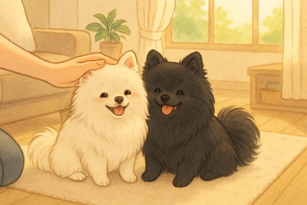 白と黒のポメラニアンが並んで笑顔で座り、飼い主に優しく撫でられているイラスト。