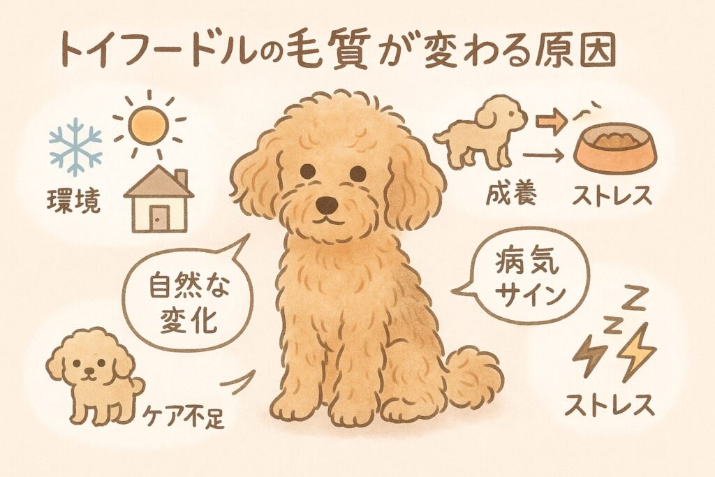 トイプードルの毛質変化に関わる環境・成長・栄養・ストレスなどの要因を説明するイラスト