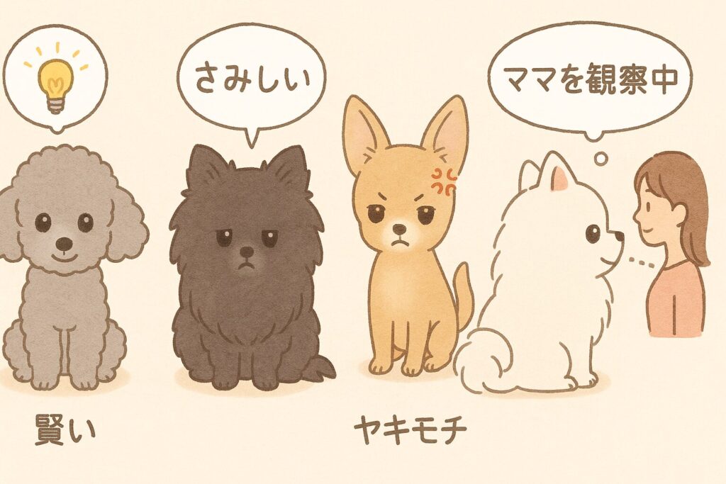 4匹の小型犬が「賢い」「さみしい」「ヤキモチ」「ママを観察中」と感情を表現する、犬の心理をやさしく描いたイラスト。