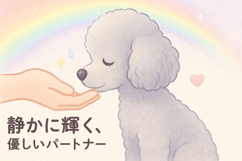 虹色の柔らかな背景で飼い主の手に鼻先を寄せるシルバートイプードルのイラスト