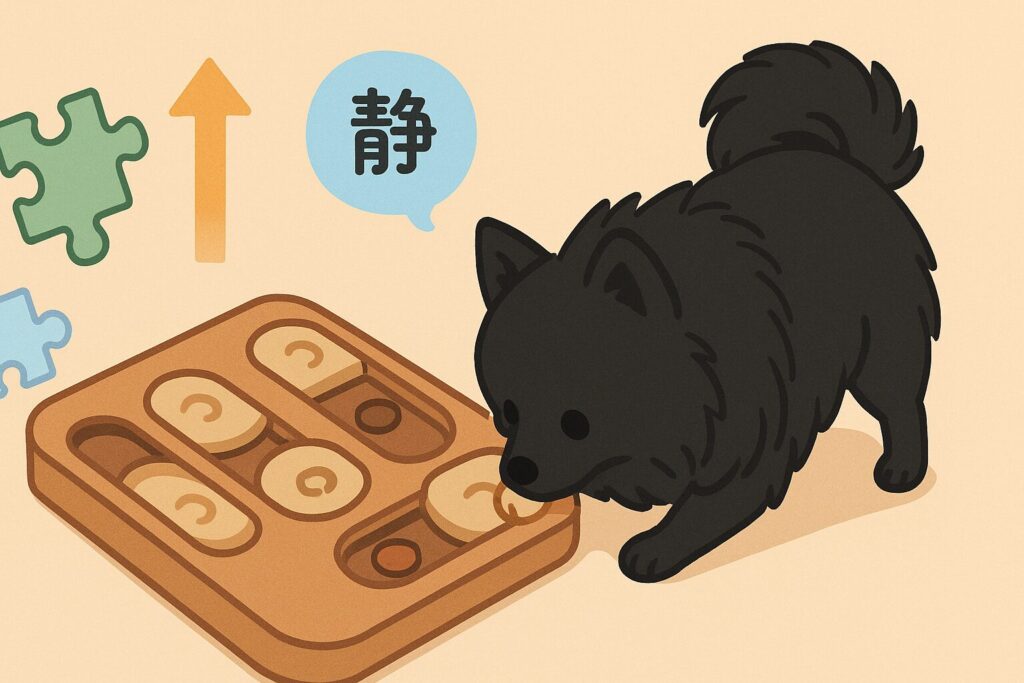 黒ポメラニアンが木製パズル型の知育トイで遊んでいる可愛いイラスト。