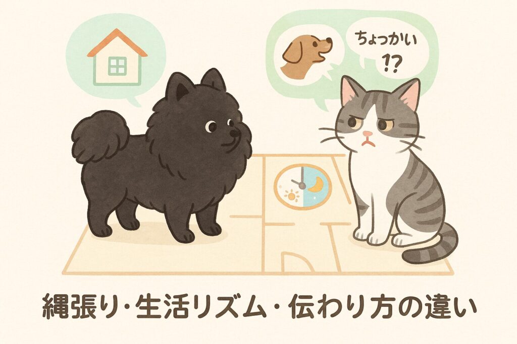 黒ポメラニアンとサバ白猫が、家の見取り図の上で距離をとる様子を描いたイラスト。吹き出しで縄張り・朝夜リズム・気持ちの違いを表現。