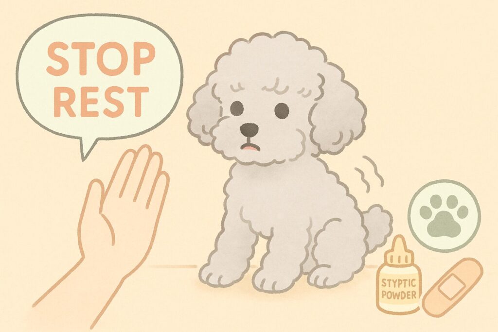 シルバートイプードルが少し暴れる様子と、手の「STOP REST」サイン、止血パウダー・絆創膏アイコンが描かれた安心感あるイラスト