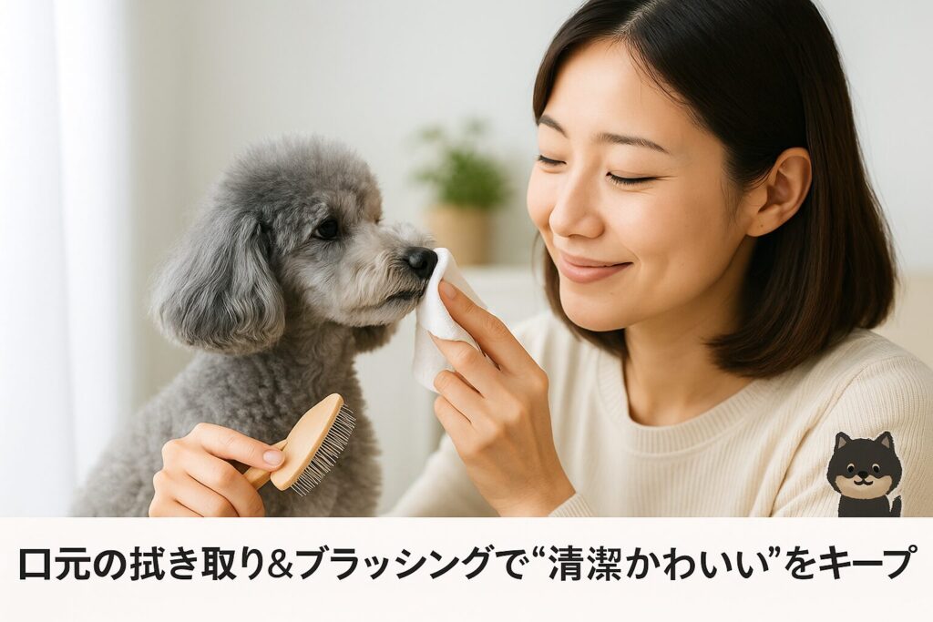 日本人女性がシルバーのトイプードルの口元をやさしく拭き、ブラッシングする自然光フォト。清潔感のある部屋、やさしい微笑み、犬はリラックス表情。