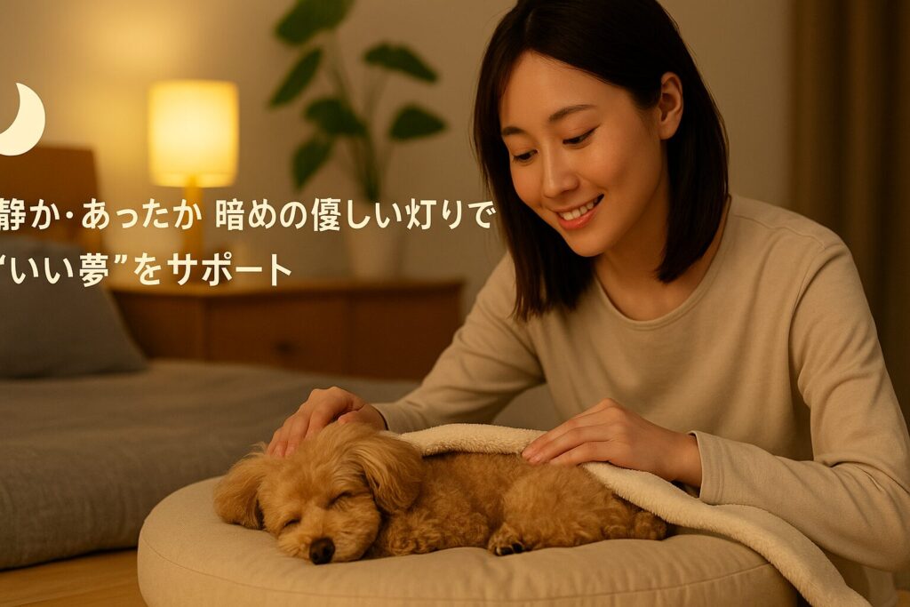 清潔感のある日本人女性がアプリコットプードルを柔らかなベッドに寝かせるナチュラルな寝室シーン