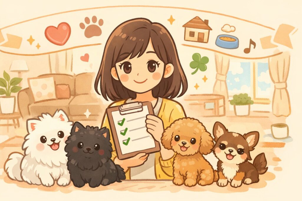 チェックリストを手にした一人暮らしの日本人女性が、白ポメラニアン・黒ポメラニアン・アプリコットプードル・チワワと笑顔で並ぶイラスト