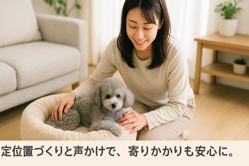 日本人女性がリビングにふわふわベッドを置き、シルバートイプードルが寄りかかってリラックスする実写風写真