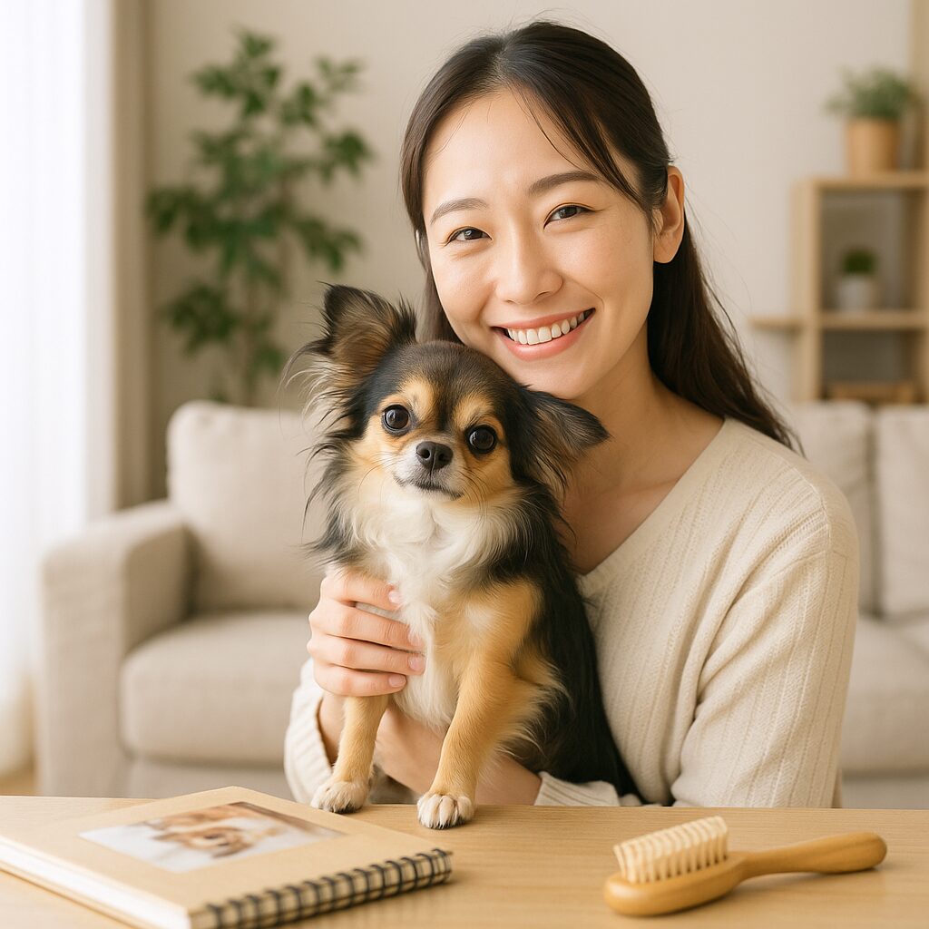 日本人女性が微笑みながらチワワ（ロングコート）を抱っこ。ふわっと自然光の室内、成長アルバムやブラシがテーブルに置かれた生活感のあるシーン