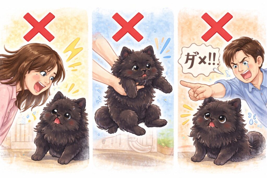 黒ポメラニアンに大声で叱るなど間違ったしつけ例を示すイラスト