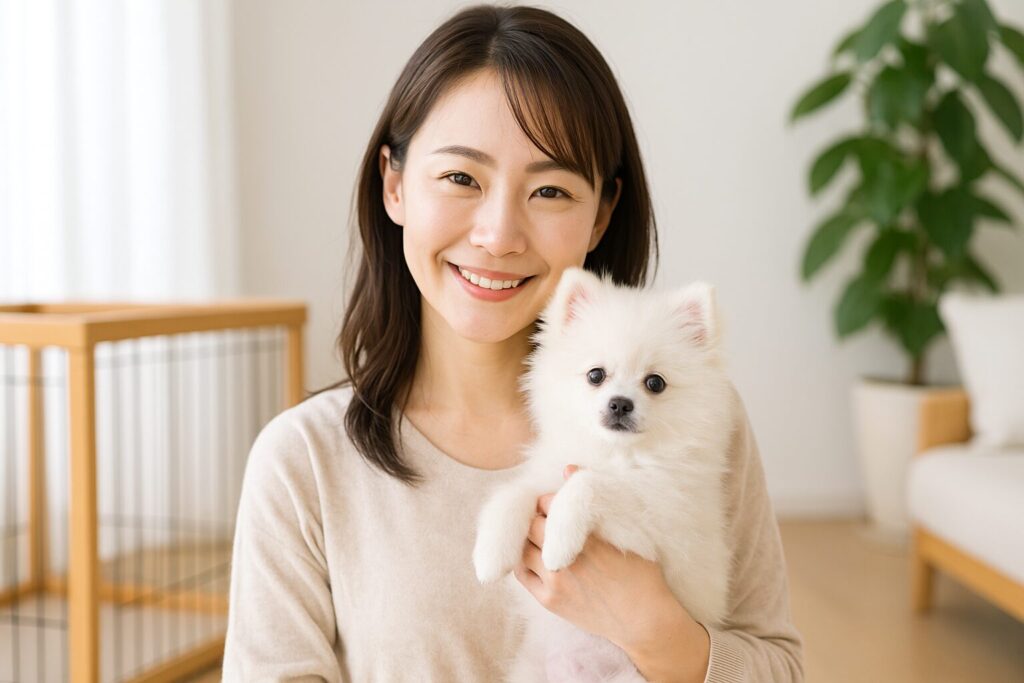 明るい室内で日本人女性が白ポメラニアンの子犬を優しく抱く。背景に木製ケージと観葉植物があり清潔な印象。