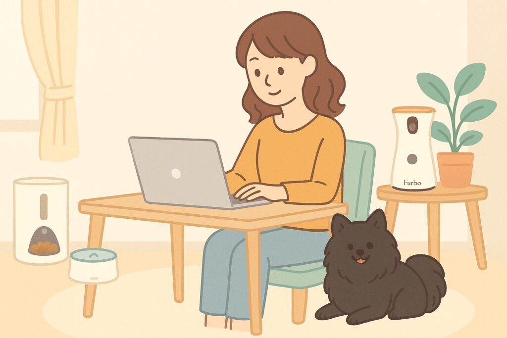 「デスクで在宅ワークをする女性と、そのそばで安心して過ごす黒ポメラニアン。部屋には自動給餌器や犬用カメラがあり、工夫された生活の様子が描かれているイラスト」