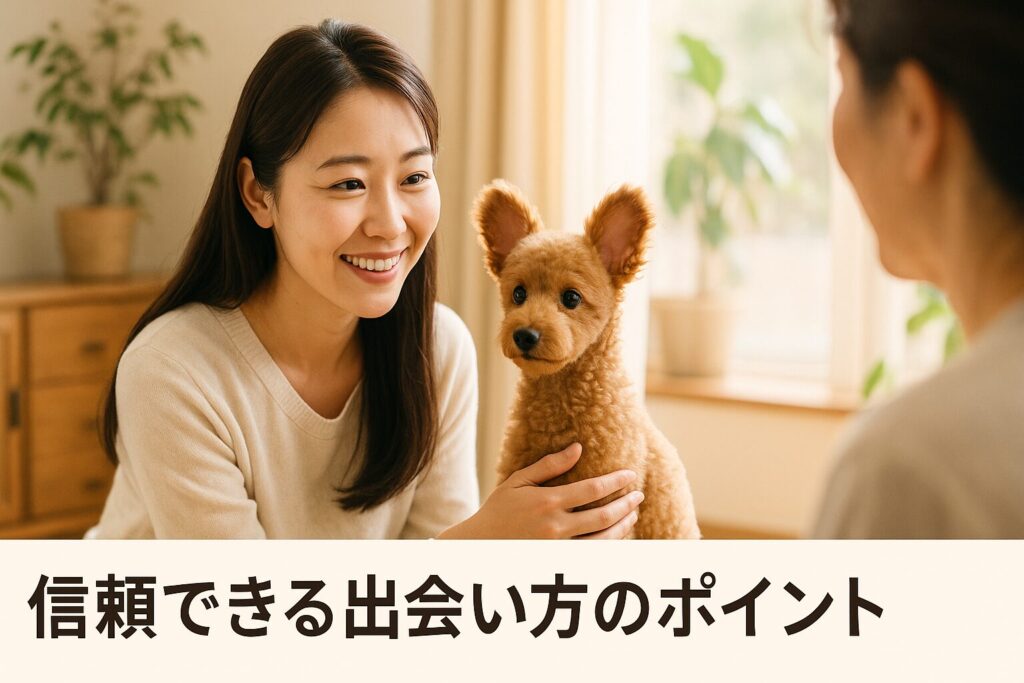 日本人女性がブリーダーの家庭的な室内でトイプードル(アプリコット)と見学・相談している写真風