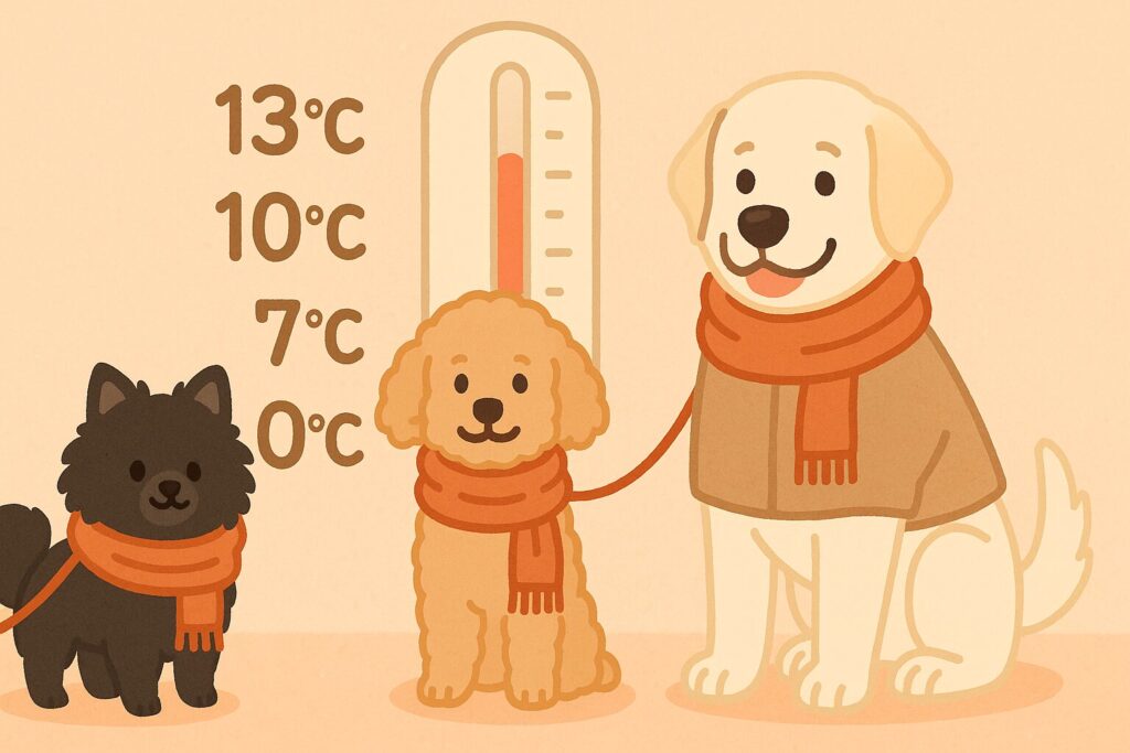 温度計と小型犬・中型犬・大型犬の冬支度イラスト