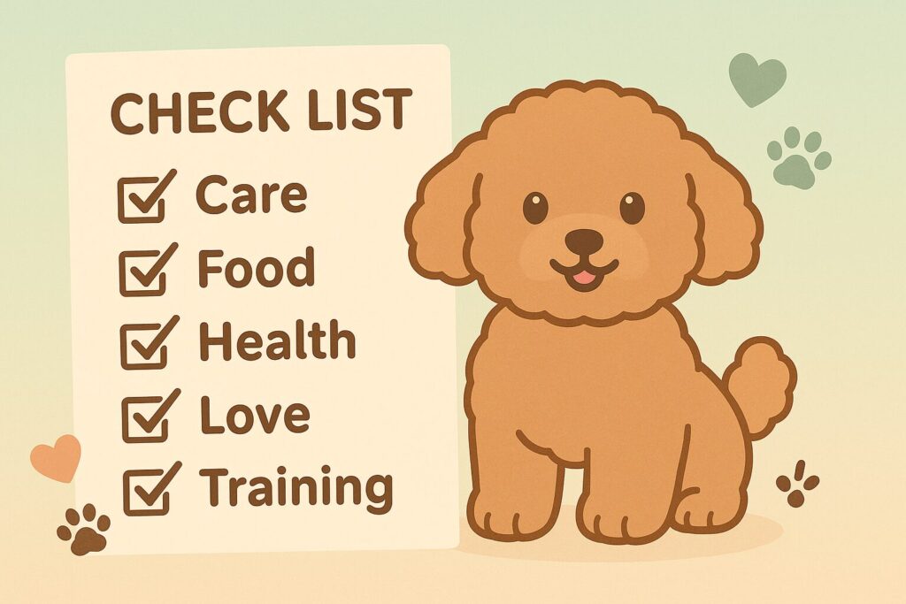 チェックリストの横で笑顔のトイプードル・ドワーフが立ち、「Care」「Food」「Health」「Love」「Training」が並ぶイラスト。