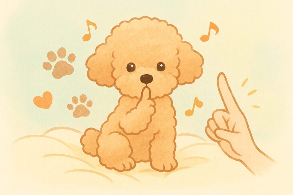 可愛いアプリコットのトイプードルが「しーっ」のポーズをする優しいテイストのアイキャッチイラスト