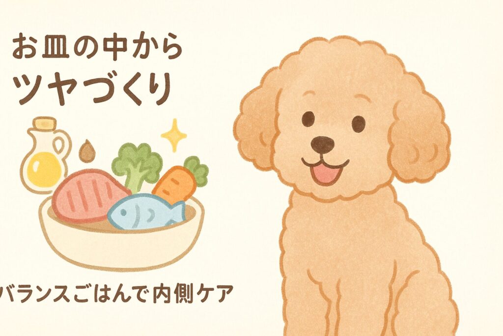 お肉・魚・野菜・オイルをバランスよく配したボウルと、嬉しそうなアプリコットプードルのイラスト。