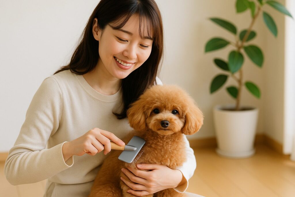 清潔感のある日本人女性が室内の自然光でアプリコットトイプードルをやさしくブラッシングする写真