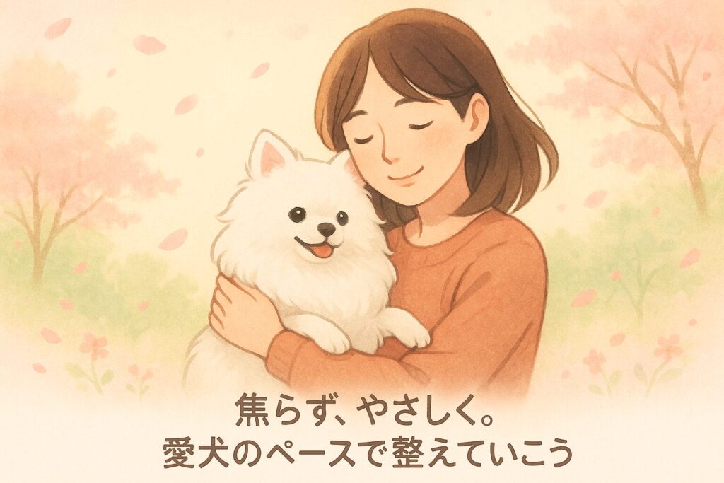 女性に抱かれて安心する白ポメラニアンのやさしいイラスト