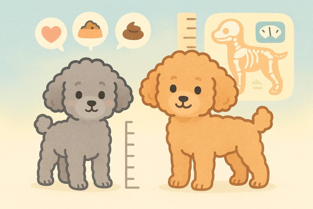 トイプードル(シルバーとアプリコット)が並んで成長メーターの前に立つイラスト。体重計と骨格の成長を示す優しい図解