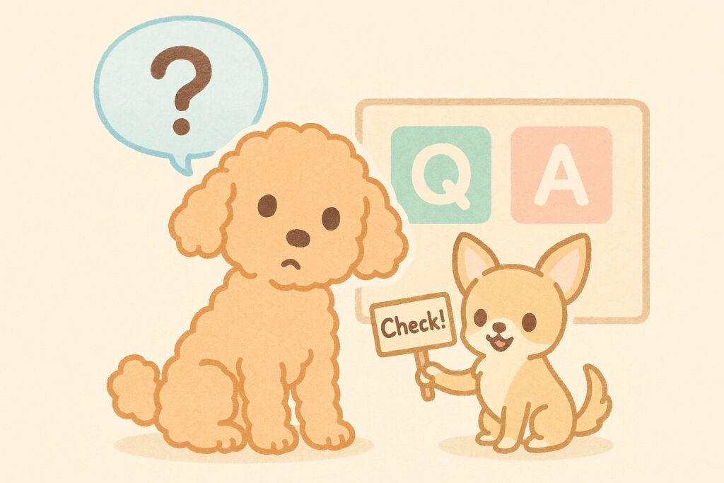 アプリコットトイプードルが首をかしげ、隣のチワワが「Check!」の札を持つ可愛いQ&Aボード風イラスト