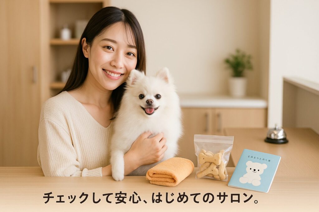 サロン受付で子犬の白ポメを抱く日本人女性と持ち物(おやつ・タオル・母子手帳)。