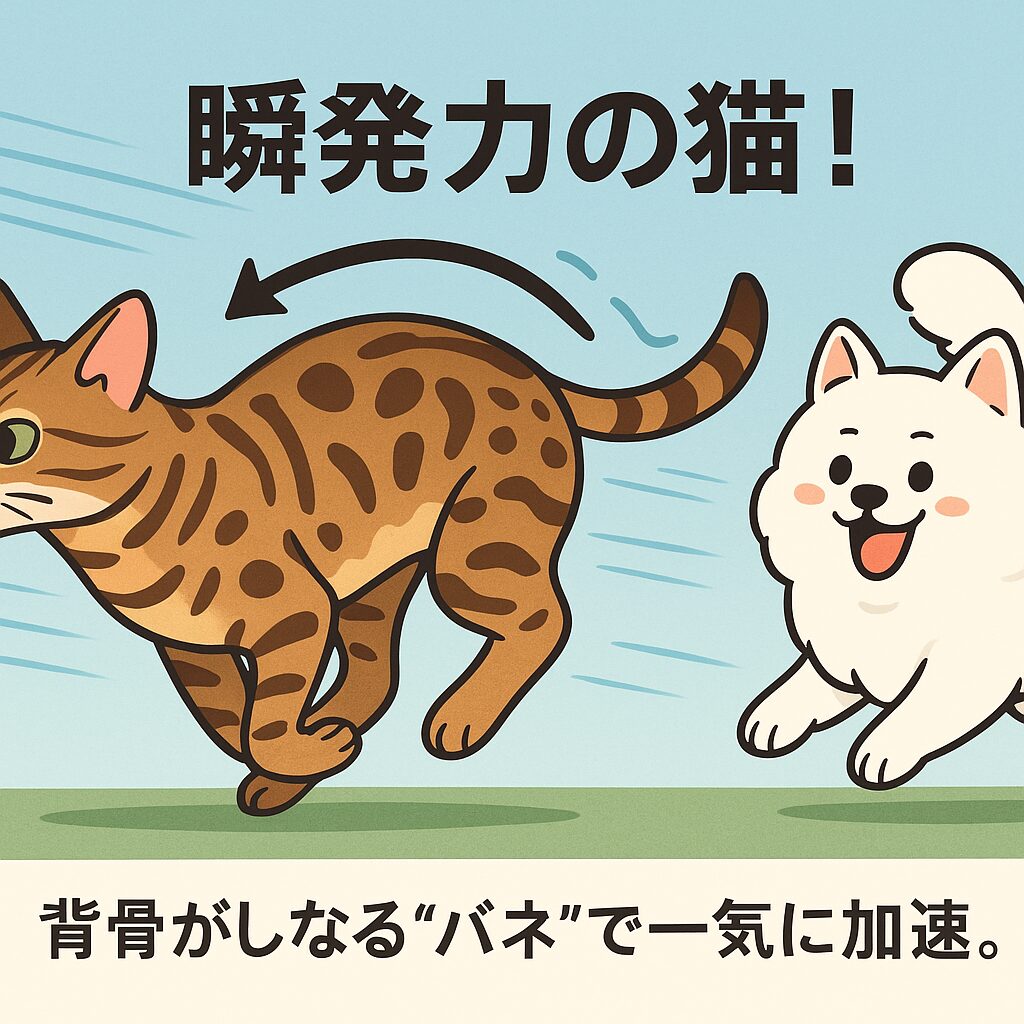 ベンガル猫がスプリントする横姿と、白ポメラニアンが驚きつつも楽しそうに追う可愛いイラスト(背骨のしなりを矢印で示す)