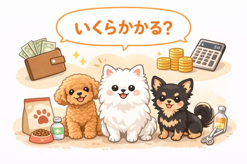 白ポメ・アプリコットプードル・チワワと、財布やコイン、電卓が描かれた費用イメージのイラスト