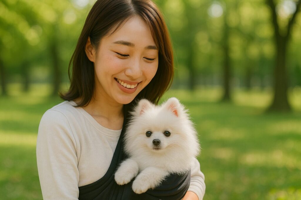 清潔感のある日本人女性が白ポメラニアンの子犬を抱っこして公園を散歩。緑あふれる穏やかな昼下がりの風景。