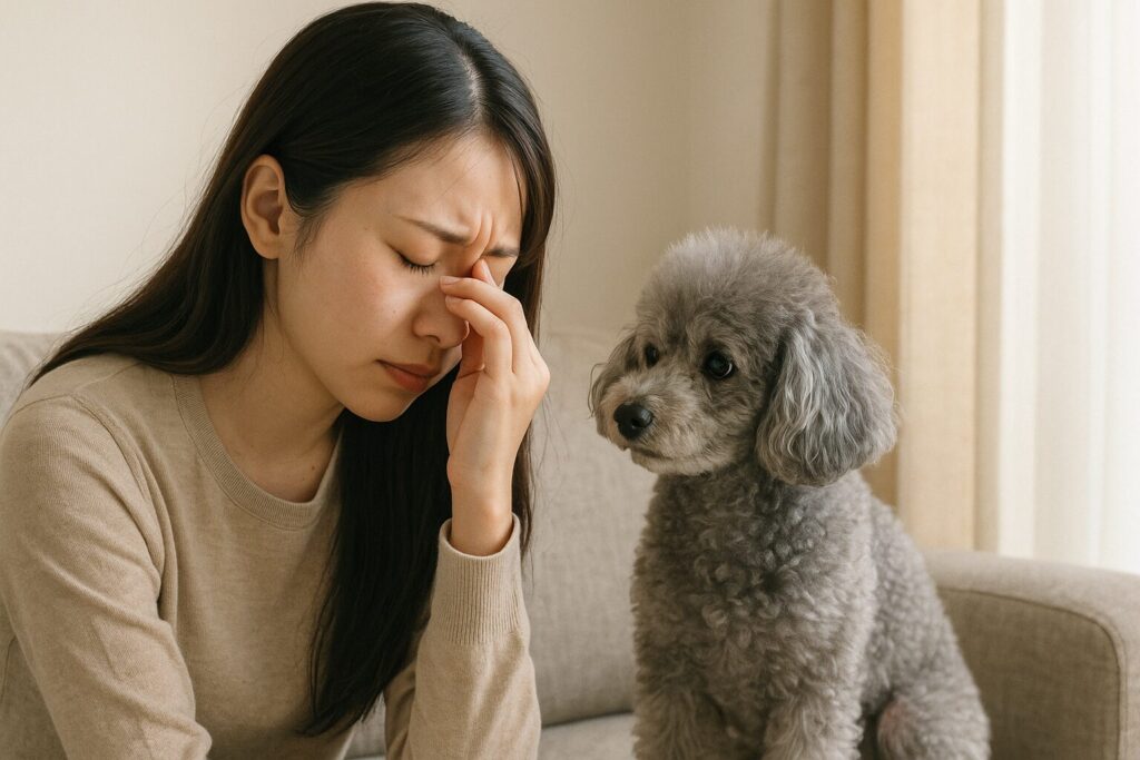 ソファでうつむく日本人女性の横に寄り添い、見上げるように心配そうな表情を見せるシルバートイプードルの写真。