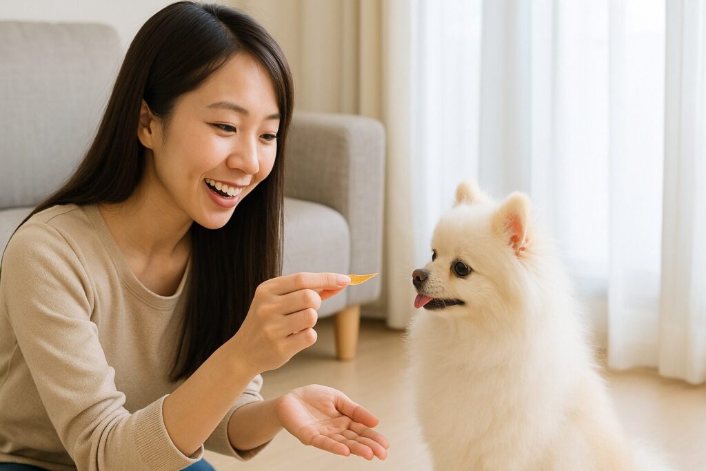 日本人女性が白ポメラニアンにご褒美のおやつを渡している様子の実写風写真。