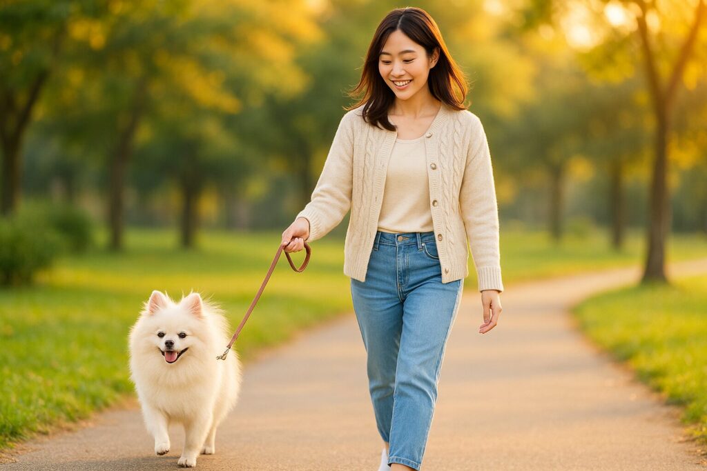 日本人女性が白ポメラニアンと夕方の公園を散歩している爽やかな写真