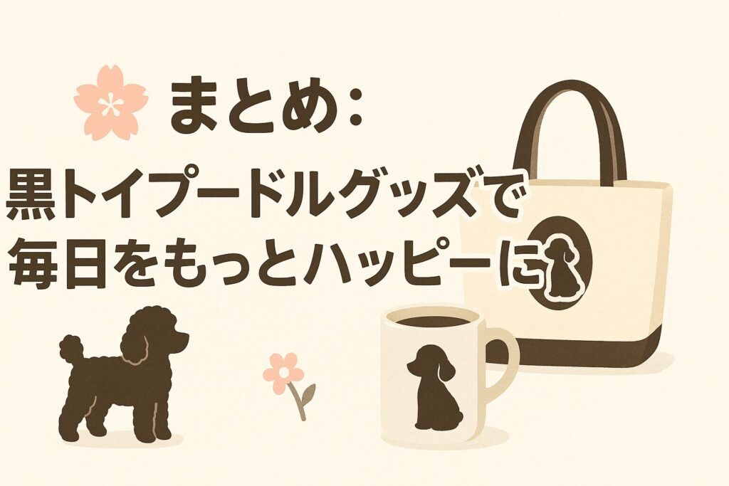 黒トイプードルのシルエットマグとトートバッグ、桜の花を組み合わせたやさしい色合いのまとめイラスト