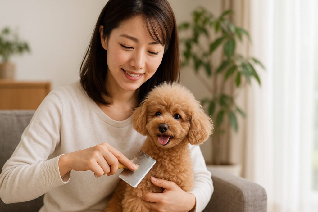 日本人女性がトイプードルを膝の上で優しくブラッシングしている、ナチュラルな生活シーン