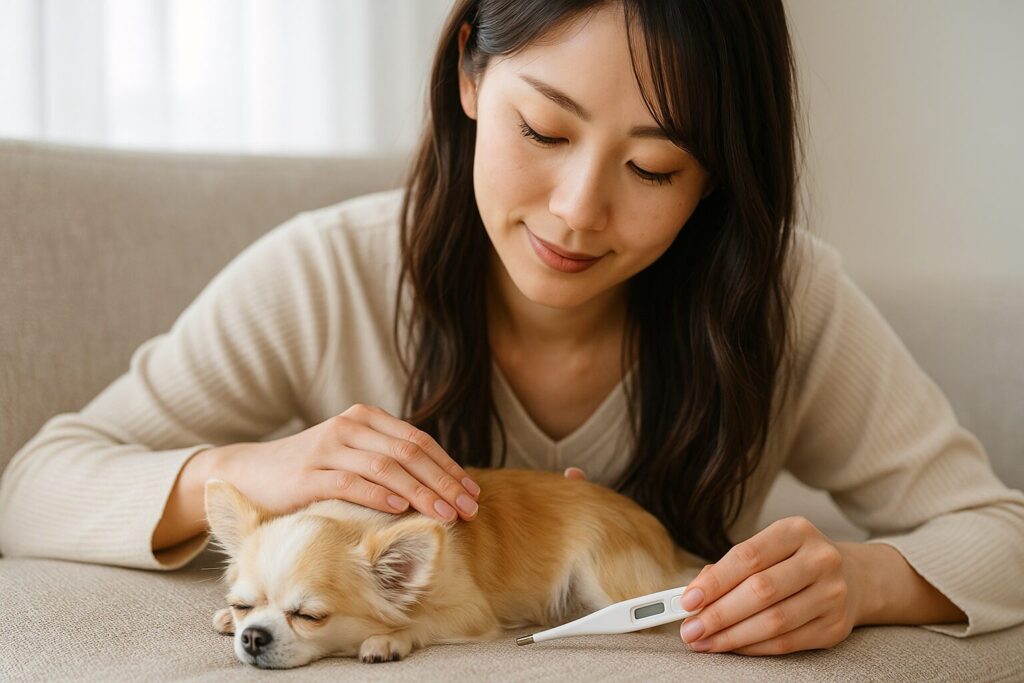 チワワの様子を丁寧に確認する日本人女性の優しい実写シーン