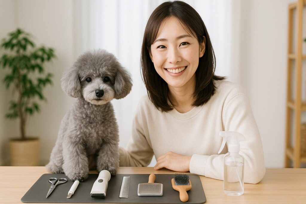 明るい室内で、自然な笑顔の日本人女性がシルバートイプードルと一緒にカット道具を整えている清潔感のある写真