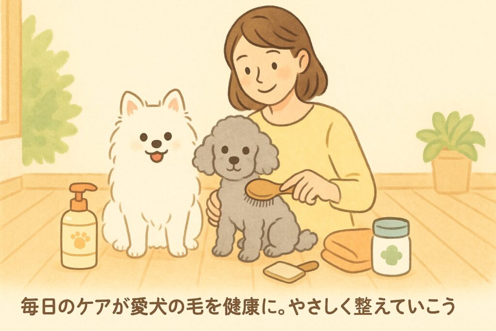 犬をブラッシングしてお手入れする女性とポメラニアン・プードルのイラスト