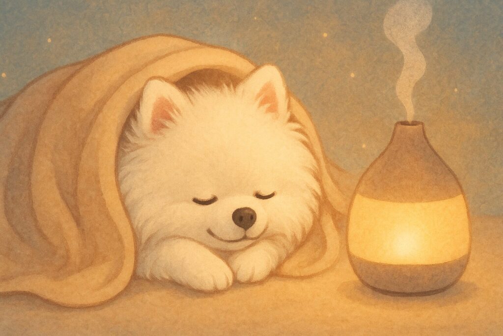 ブランケットにくるまって安心して眠る白ポメラニアンとアロマディフューザーの癒しイラスト。