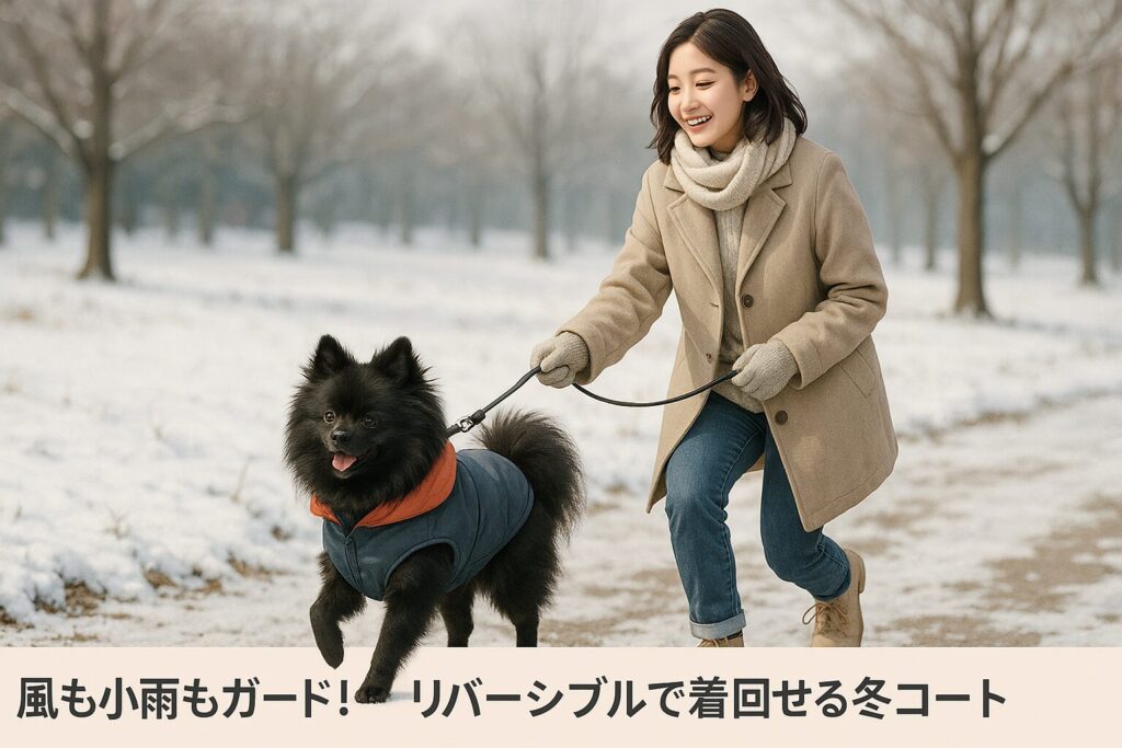 黒ポメラニアンが防水アウターで散歩、清潔感のある日本人女性と雪道を歩く実写風写真